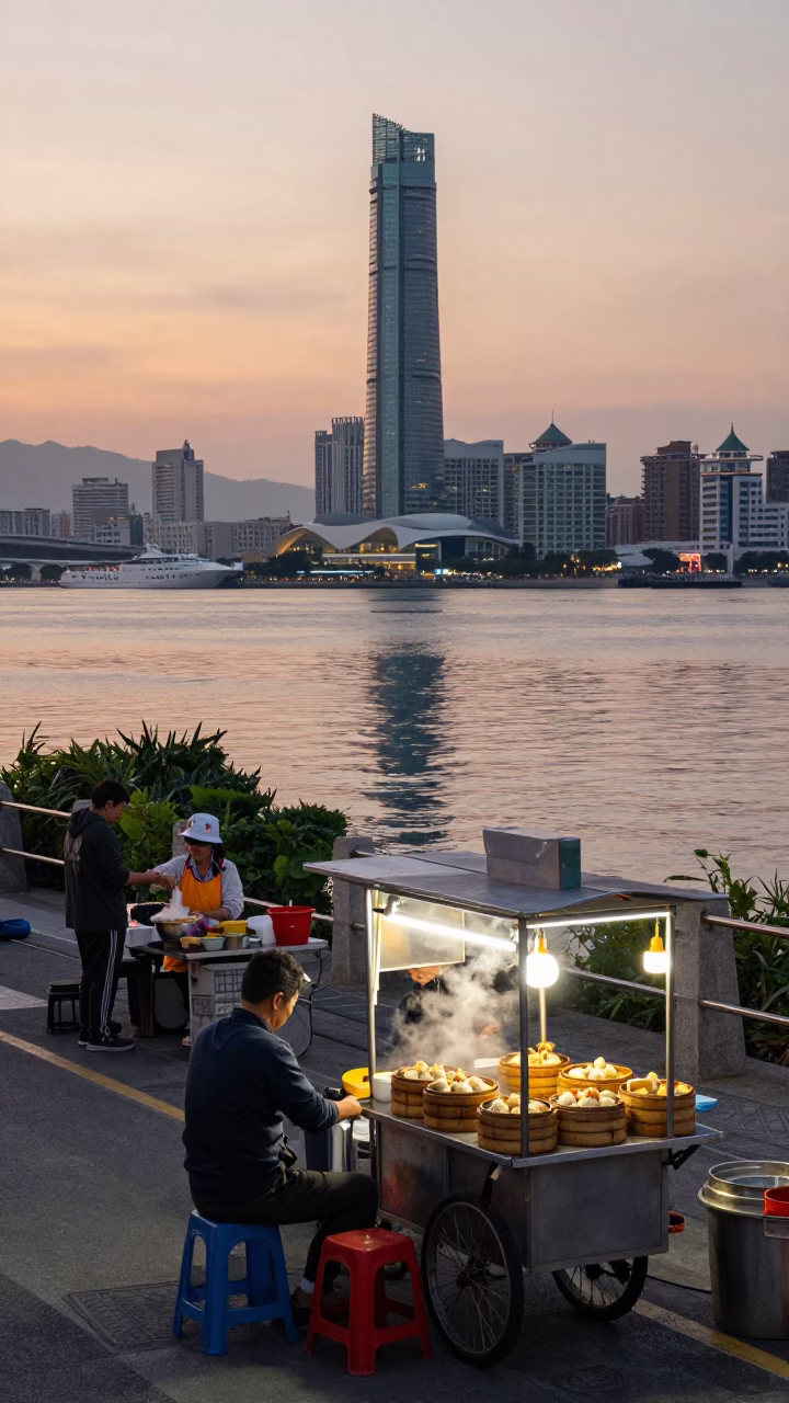 Busy Kaohsiung Nautical Dawn Street Scene with Harbor Reflections and Local Morning Activity in in Kaohsiung, Taiwan