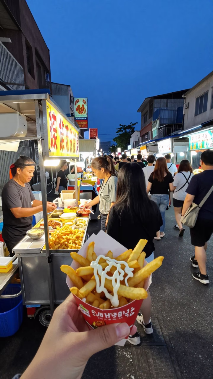 Busy Kaohsiung Night Market Street Scene at Blue Hour with Food Vendor and Umbrellas in in Kaohsiung, Taiwan