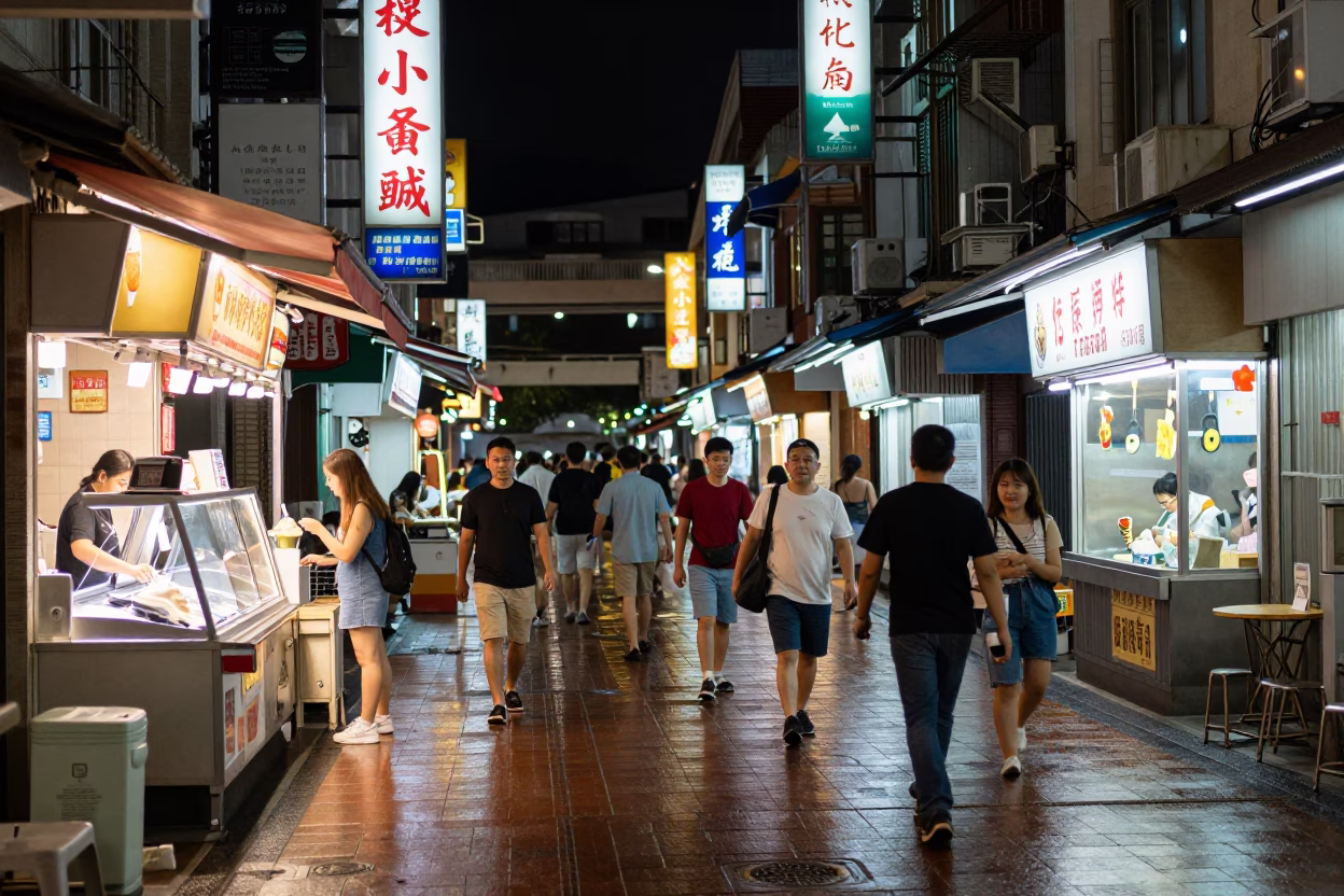 Busy Kaohsiung Night Street Scene with Gelato Display and Padlock on Metal Gate in in Kaohsiung, Taiwan