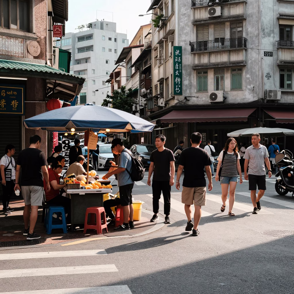 Busy Kaohsiung street corner with vendors and pedestrians in early afternoon light in in Kaohsiung, Taiwan