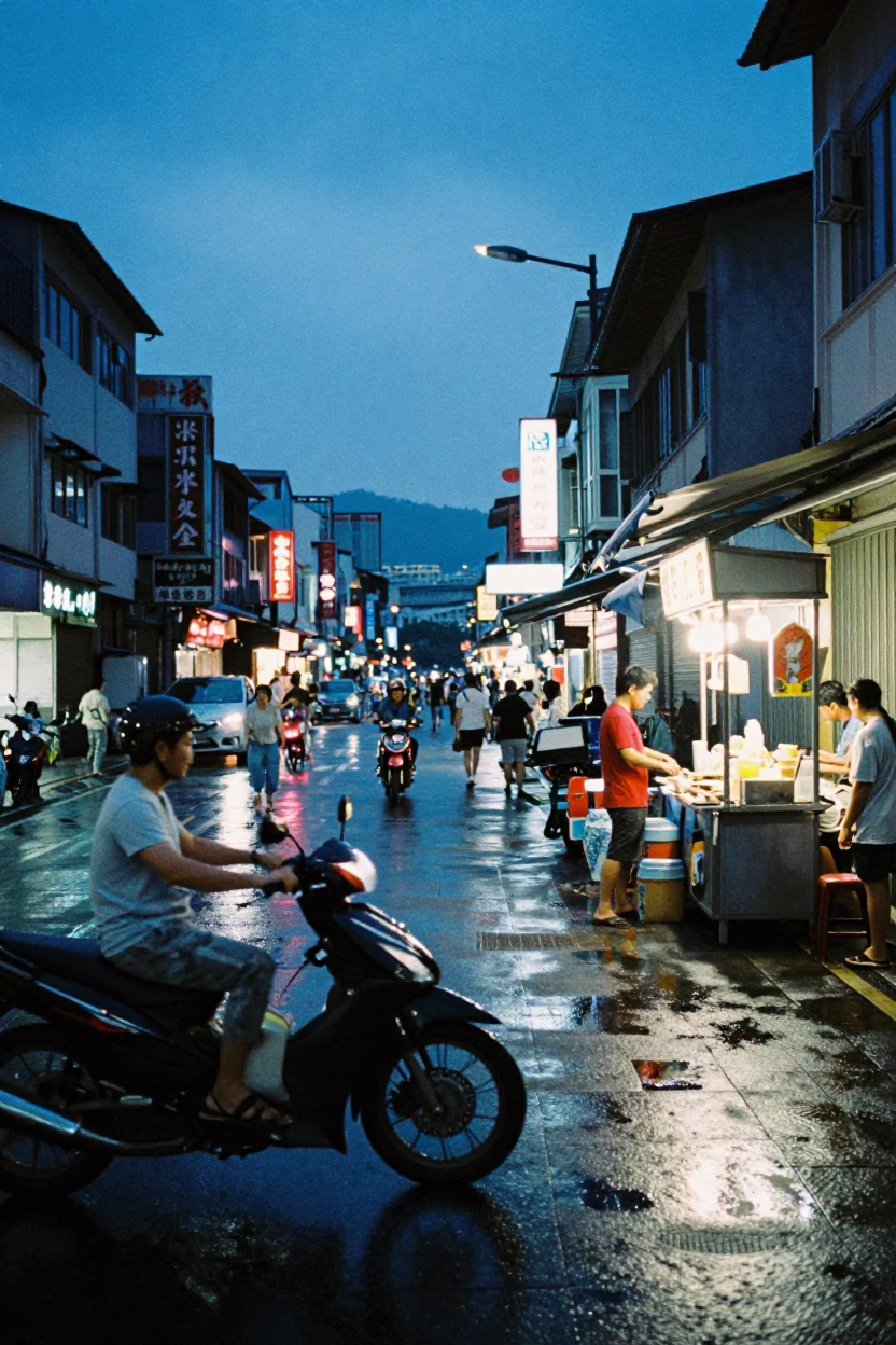 Busy Kaohsiung Street Evening with Motorcycle and Blue Porcelain Jar in in Kaohsiung, Taiwan