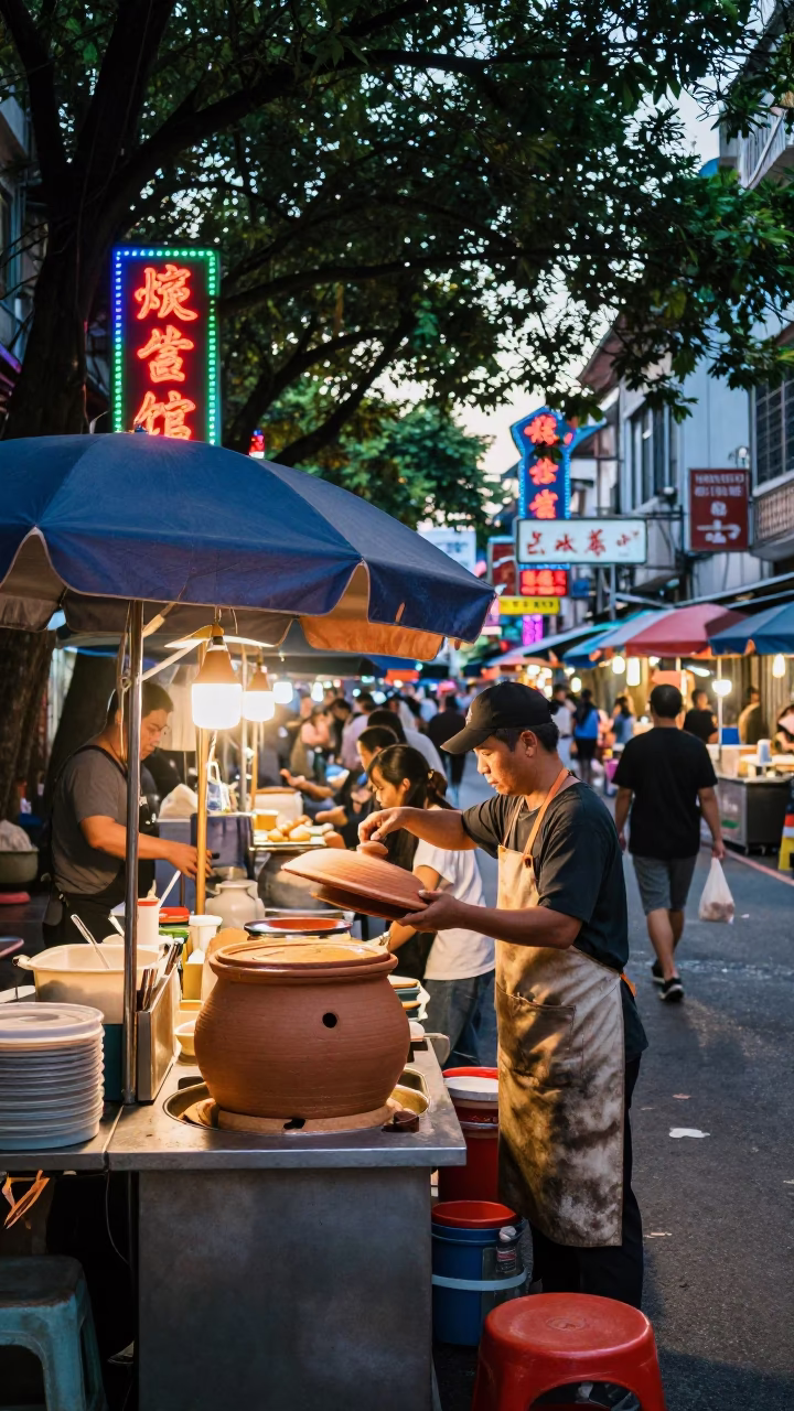 Busy Kaohsiung Street Food Stall at Dawn with Clay Pot Soup and Steam in in Kaohsiung, Taiwan