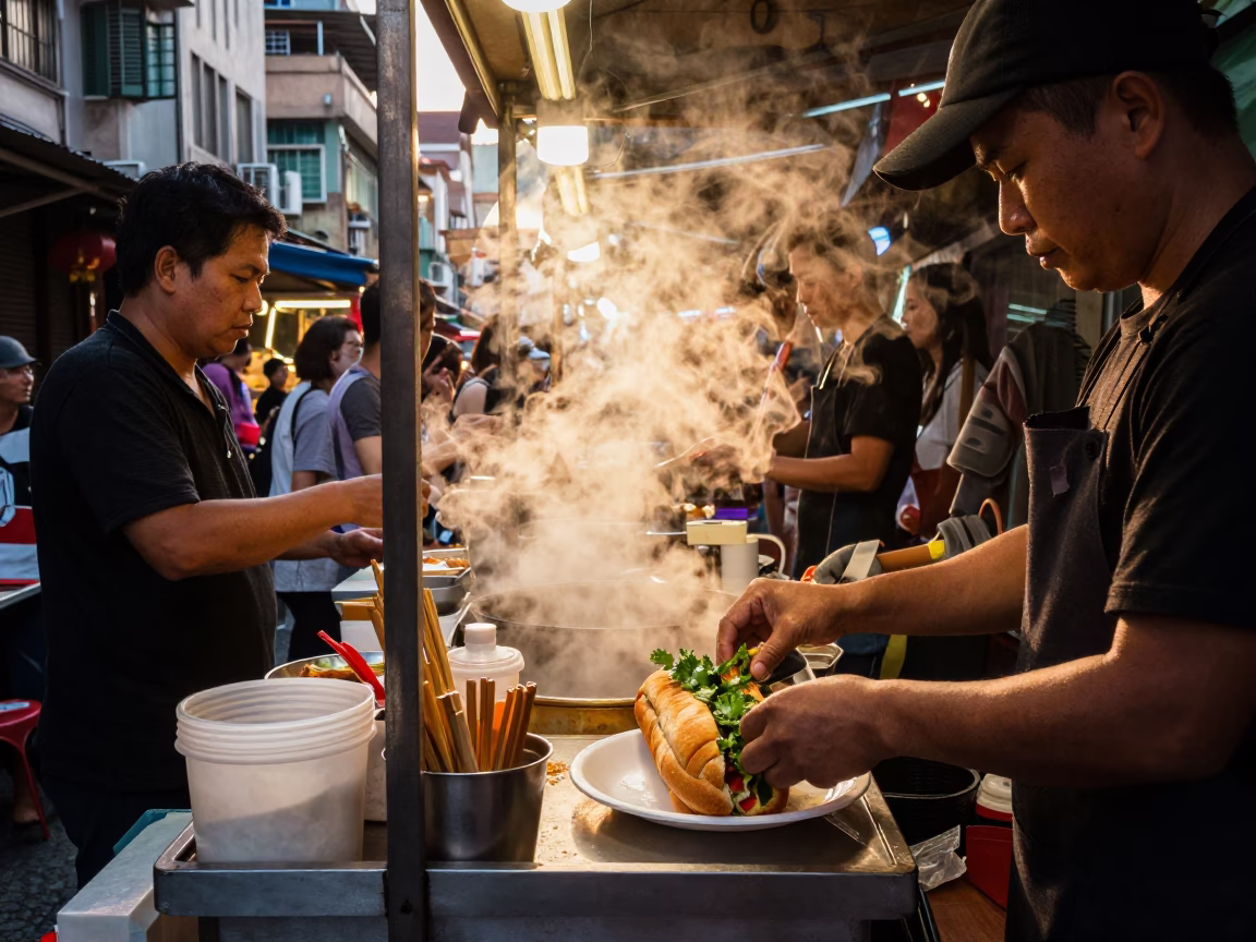 Busy Kaohsiung Street Food Stall at Golden Hour with Condensation and Steam in in Kaohsiung, Taiwan