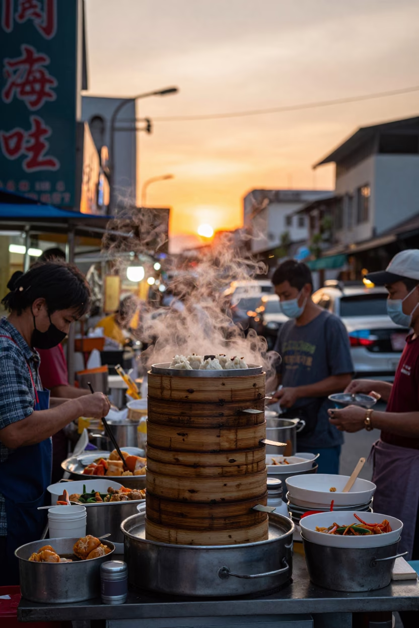 Busy Kaohsiung Street Food Stall at Sunset with Stacked Dim Sum Steamers in in Kaohsiung, Taiwan