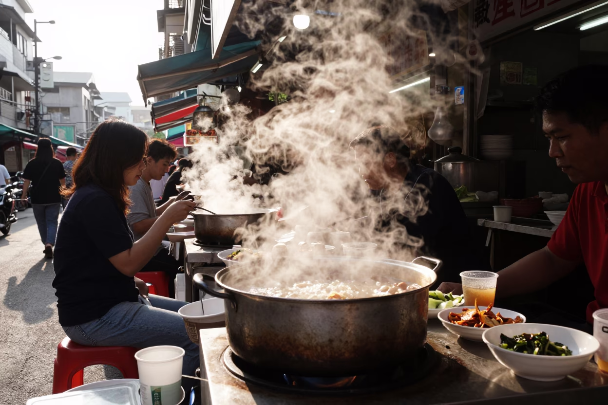 Busy Kaohsiung Street Food Stall Early Afternoon with Steaming Hotpot and Ceramic Bowls in in Kaohsiung, Taiwan