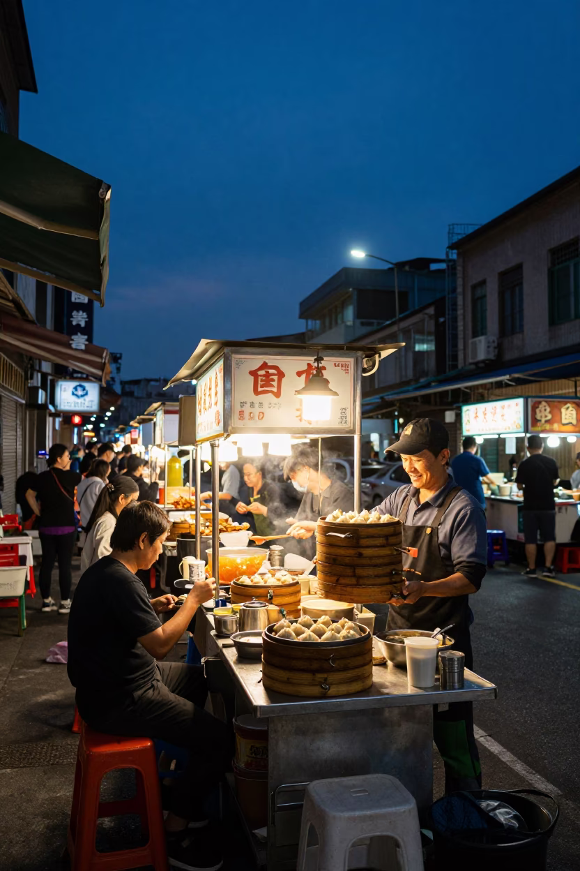 Busy Kaohsiung Street Food Stall Indigo Twilight with Dim Sum and Motorcycle in in Kaohsiung, Taiwan