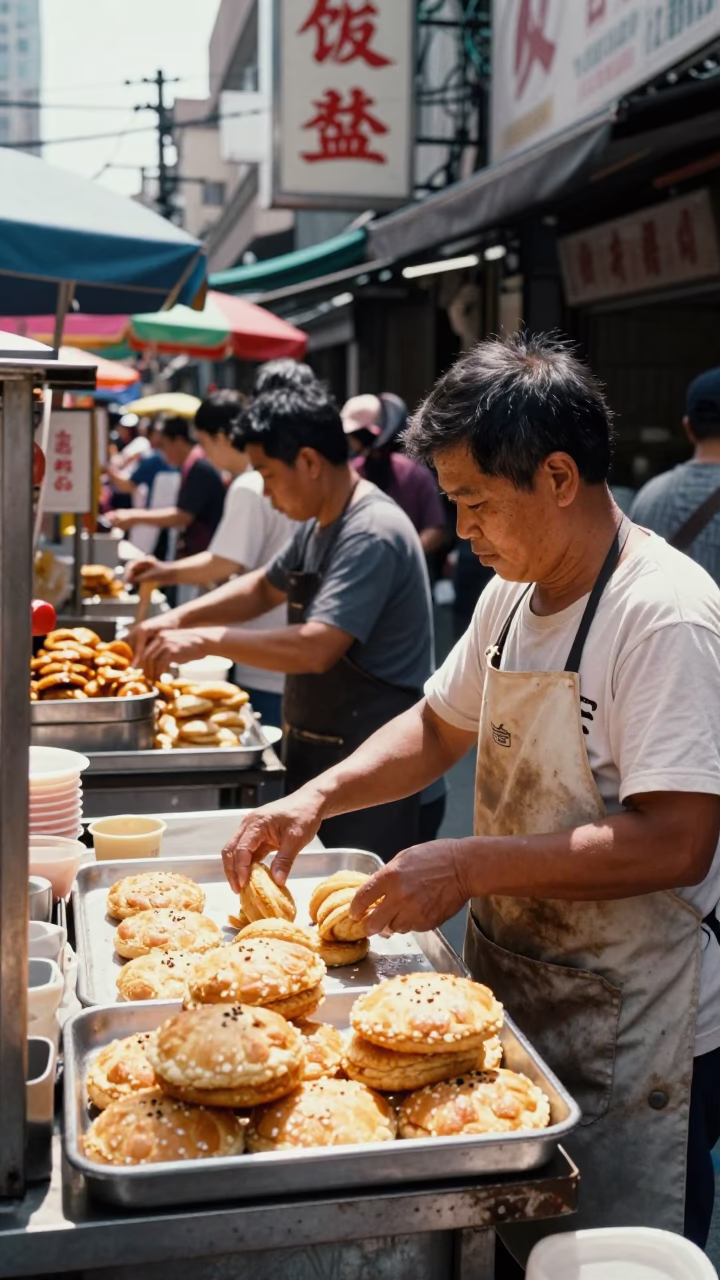 Busy Kaohsiung Street Food Stall Midday with Pastries and Local Interaction in in Kaohsiung, Taiwan