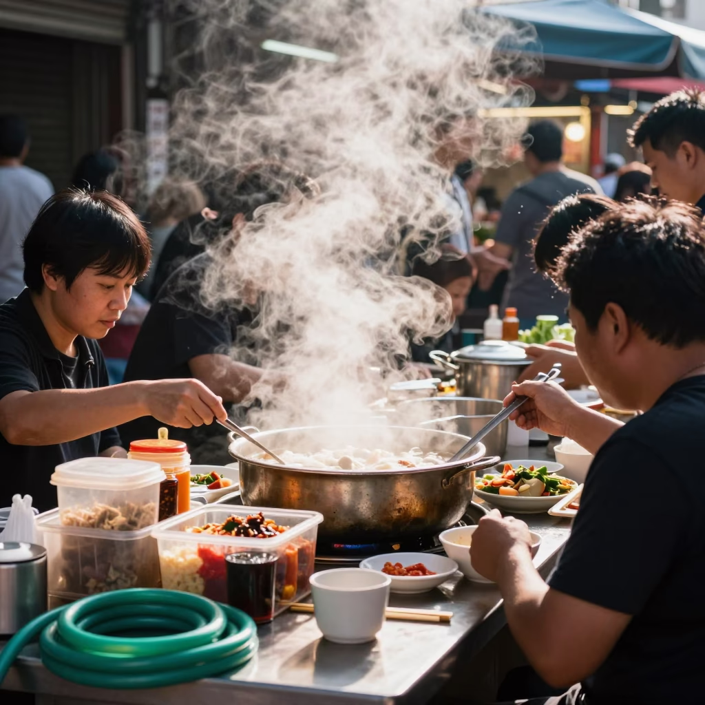Busy Kaohsiung Street Food Stall Midday with Steam and Plastic Utensils in in Kaohsiung, Taiwan