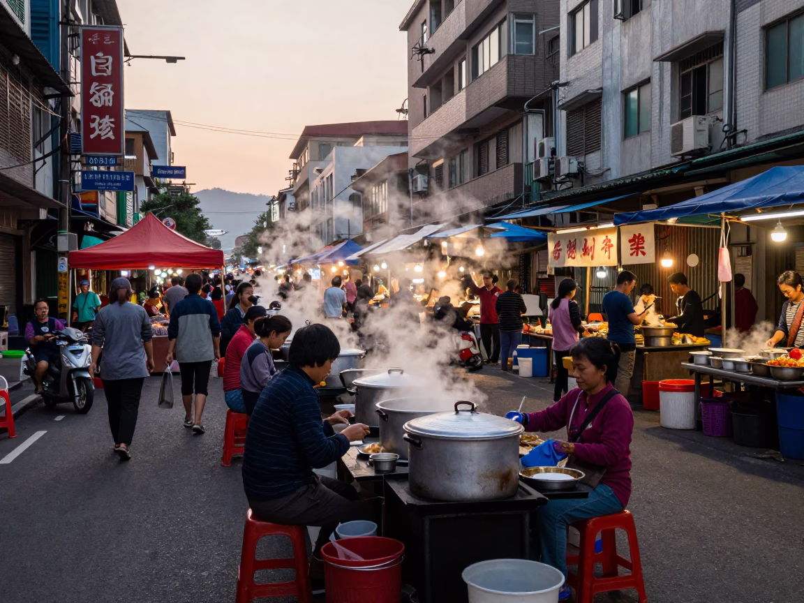 Busy Kaohsiung Street Market Scene at Dawn with Vendors and Morning Light in in Kaohsiung, Taiwan
