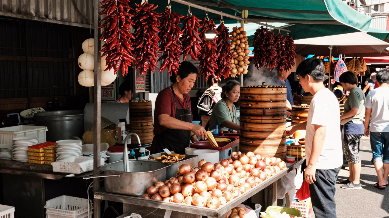 Busy Kaohsiung Street Market Stall with Onions and Sink Under Noon Sun in in Kaohsiung, Taiwan