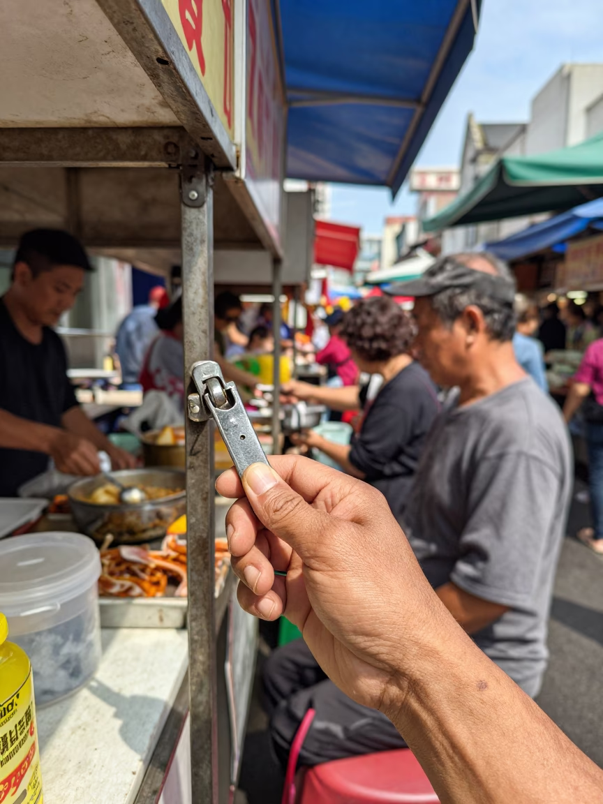 Busy Kaohsiung Street Market Stall with Smudged Latch and Bookmarks at Noon in in Kaohsiung, Taiwan