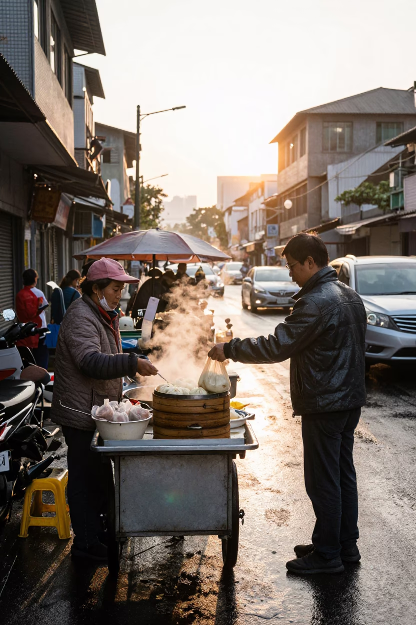 Busy Kaohsiung Street Scene After Sunrise with Vendor and Vintage Phone in in Kaohsiung, Taiwan