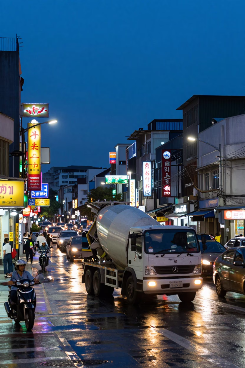 Busy Kaohsiung Street Scene at Blue Hour with Cement Mixer and Urban Activity in in Kaohsiung, Taiwan
