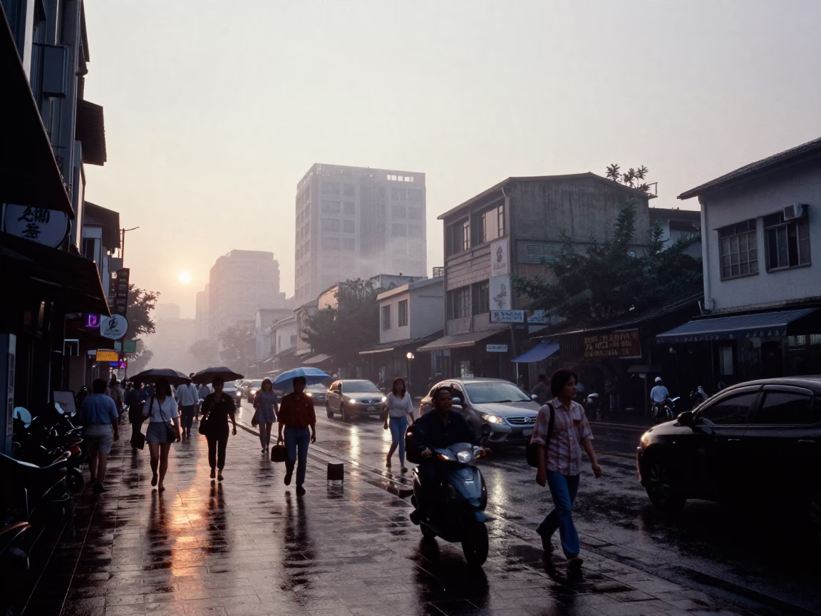 Busy Kaohsiung street scene at dawn with morning mist and local vendors preparing breakfast in in Kaohsiung, Taiwan