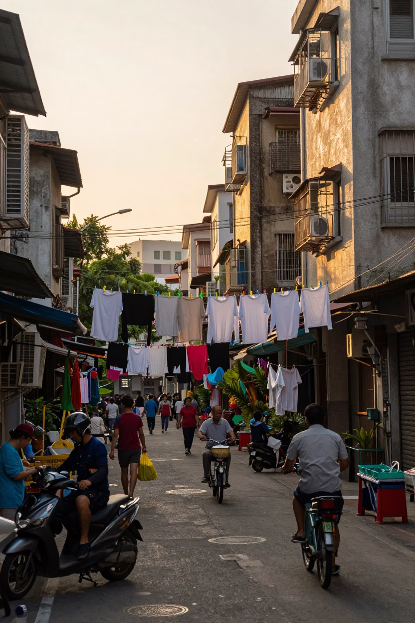 Busy Kaohsiung Street Scene at Golden Hour with Laundry and Urban Life in in Kaohsiung, Taiwan