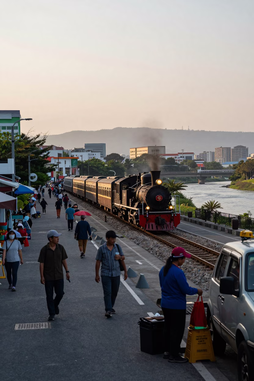 Busy Kaohsiung Street Scene at Nautical Dawn with Locomotive and Local Life in in Kaohsiung, Taiwan