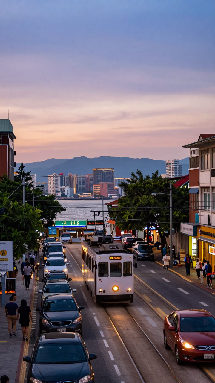 Busy Kaohsiung Street Scene at Nautical Dawn with Tram and Local Vendors in in Kaohsiung, Taiwan