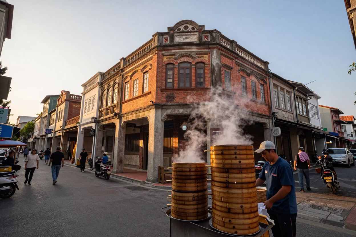 Busy Kaohsiung Street Scene at Sunset with Bamboo Steamers and Traditional Architecture in in Kaohsiung, Taiwan