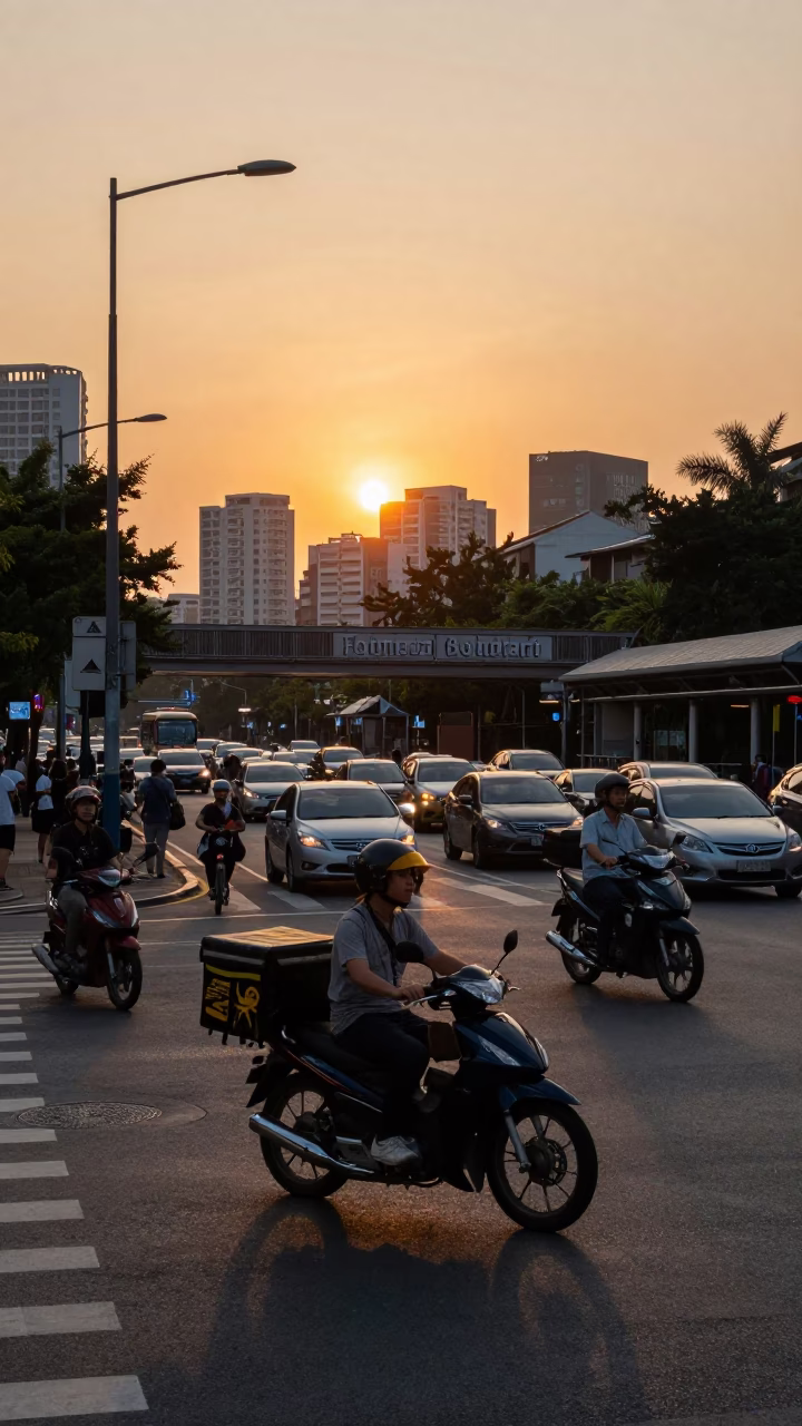 Busy Kaohsiung street scene at sunset with motorcycle and local vendors in in Kaohsiung, Taiwan