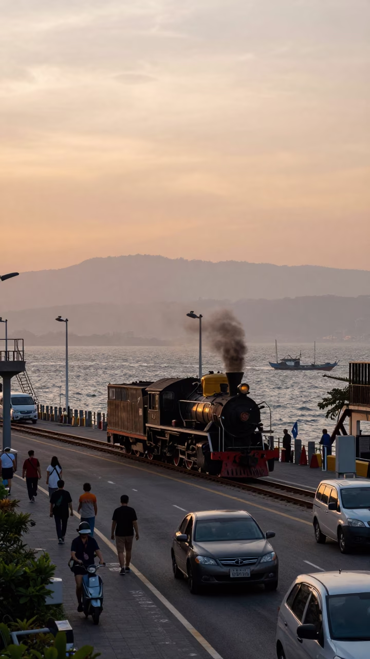 Busy Kaohsiung street scene at sunset with steam locomotive crossing bridge over estuary in in Kaohsiung, Taiwan