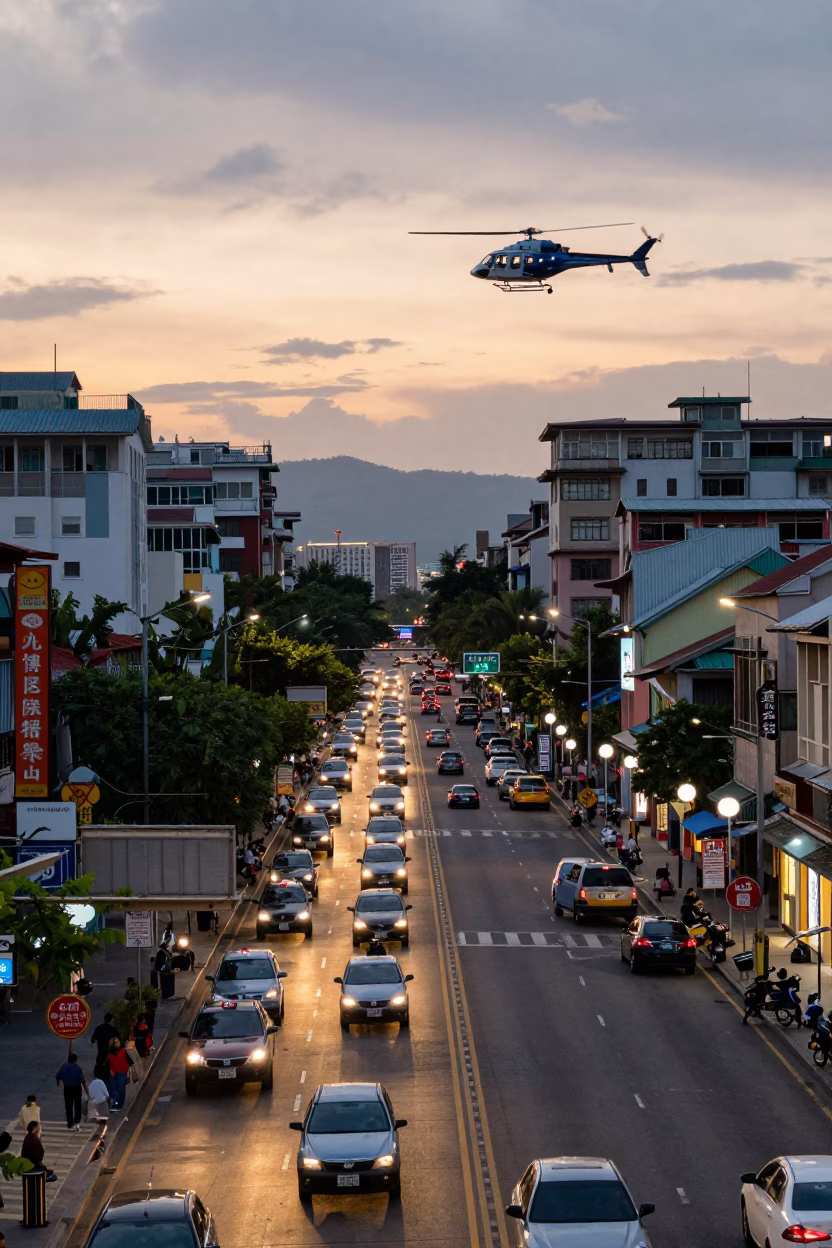 Busy Kaohsiung Street Scene Early Evening with Helicopter Over Glacial Sky in in Kaohsiung, Taiwan