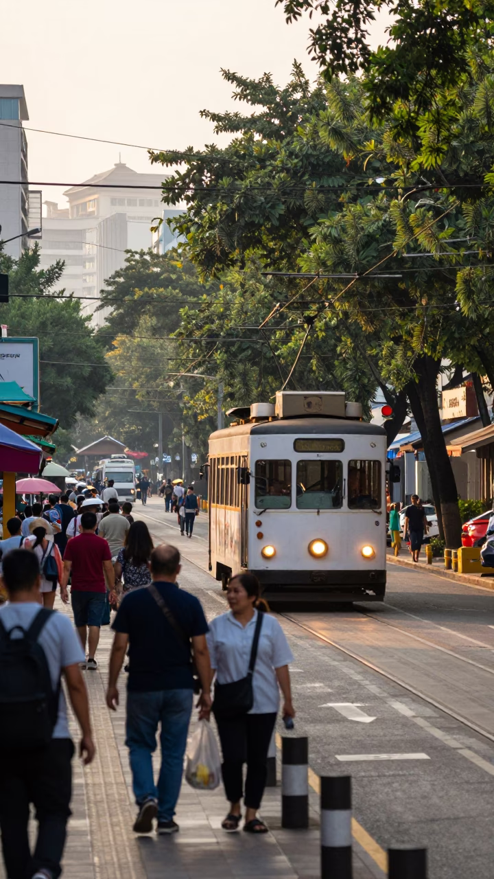 Busy Kaohsiung Street Scene Just After Sunrise with Tramcar and Local Life in in Kaohsiung, Taiwan