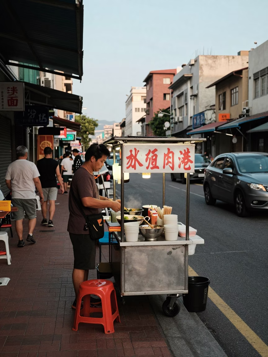 Busy Kaohsiung street scene late afternoon with food vendor and tramcar in in Kaohsiung, Taiwan