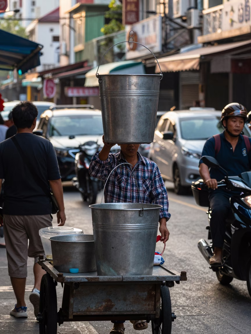 Busy Kaohsiung Street Scene Late Morning with Metal Bucket and Scratched Wall in in Kaohsiung, Taiwan
