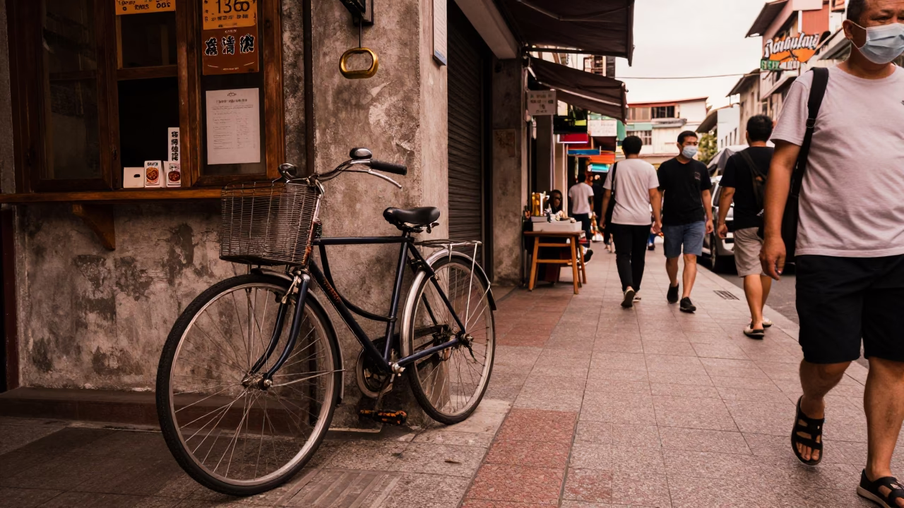 Busy Kaohsiung Street Scene with Bicycle and Brass Handle in Copper Dusk Light in in Kaohsiung, Taiwan