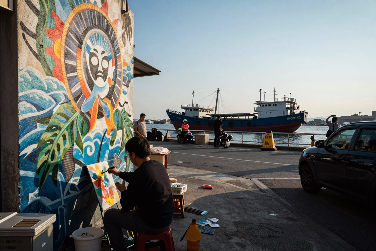 Busy Kaohsiung Street Scene with Junk Boat and Mural Artist in Late Afternoon Light in in Kaohsiung, Taiwan