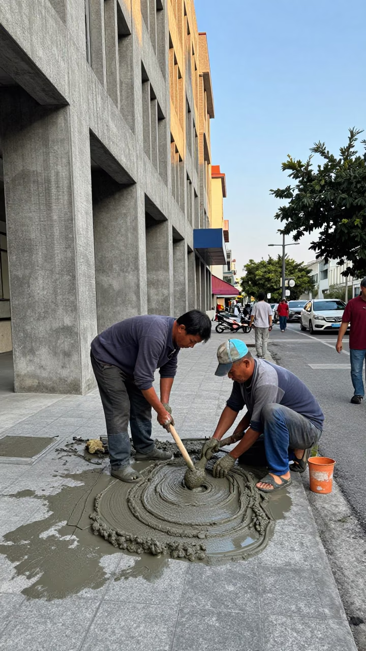 Busy Kaohsiung Street Scene with Masons and Brutalist Architecture in Early Afternoon Light in in Kaohsiung, Taiwan