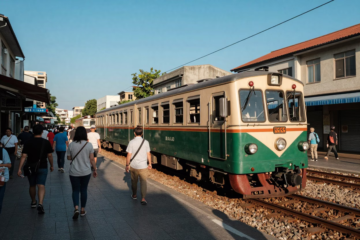 Busy Kaohsiung street scene with narrow gauge train and flowerpot in late afternoon light in in Kaohsiung, Taiwan