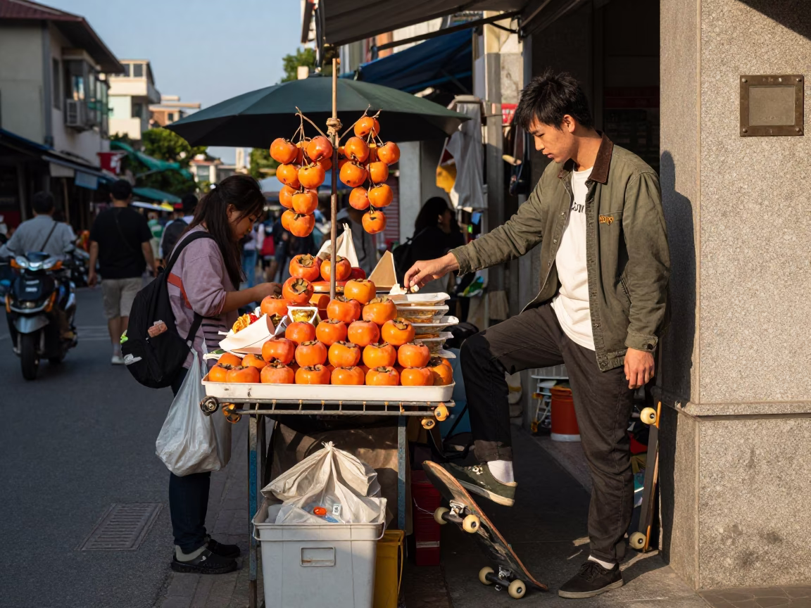 Busy Kaohsiung Street Scene with Persimmons and Skateboard in Late Afternoon Light in in Kaohsiung, Taiwan
