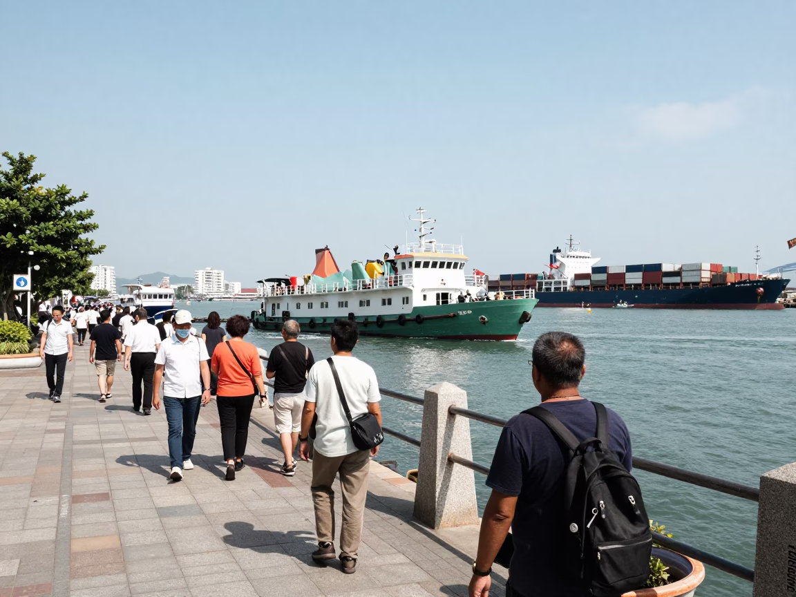 Busy Kaohsiung Street Scene with Pilot Boat in Port and Urban Life in in Kaohsiung, Taiwan