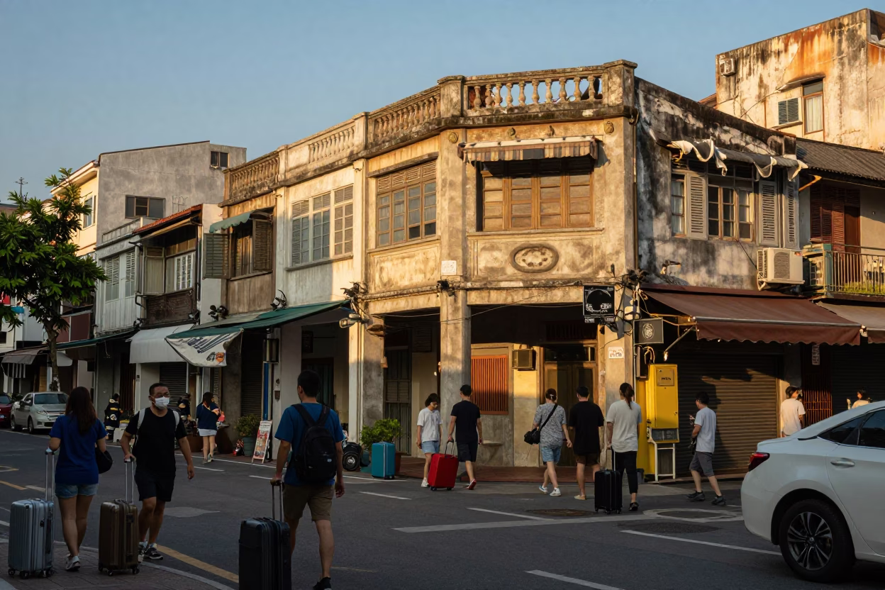 Busy Kaohsiung Street Scene with Suitcases in Honeyed Evening Light in in Kaohsiung, Taiwan
