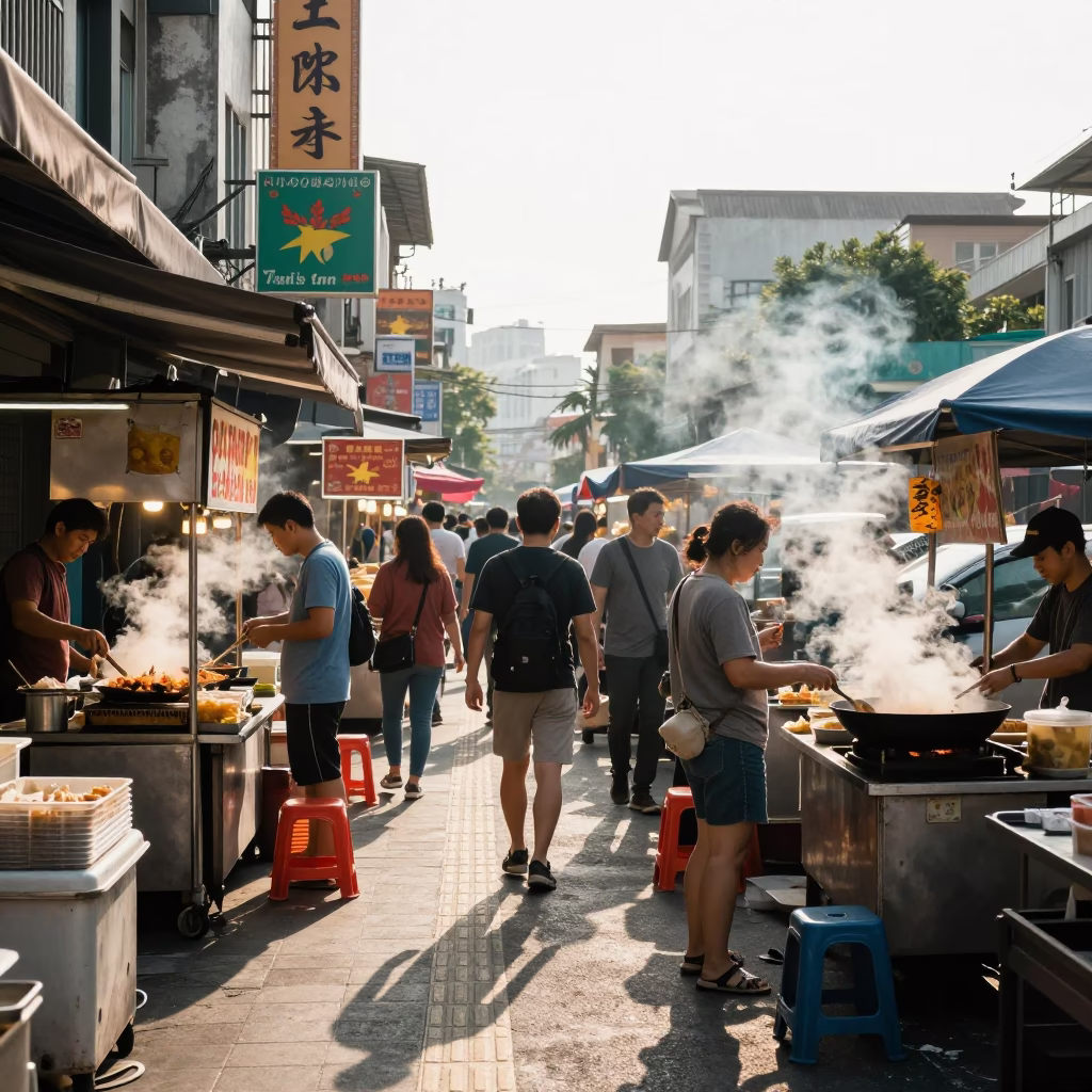 Busy Kaohsiung street scene with Thai food stall and scaffold details in in Kaohsiung, Taiwan