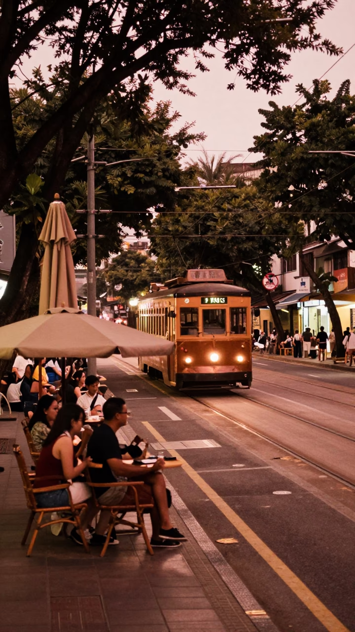 Busy Kaohsiung Street Scene with Tramcar and Umbrella Stand in Copper Toned Light in in Kaohsiung, Taiwan