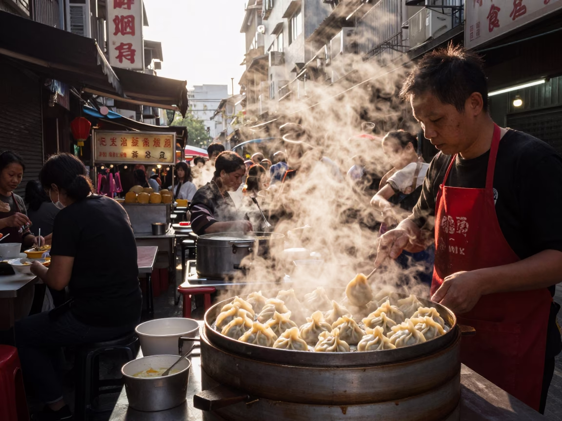 Busy Kaohsiung Street Stall Serving Steaming Dumplings in Late Afternoon Light in in Kaohsiung, Taiwan