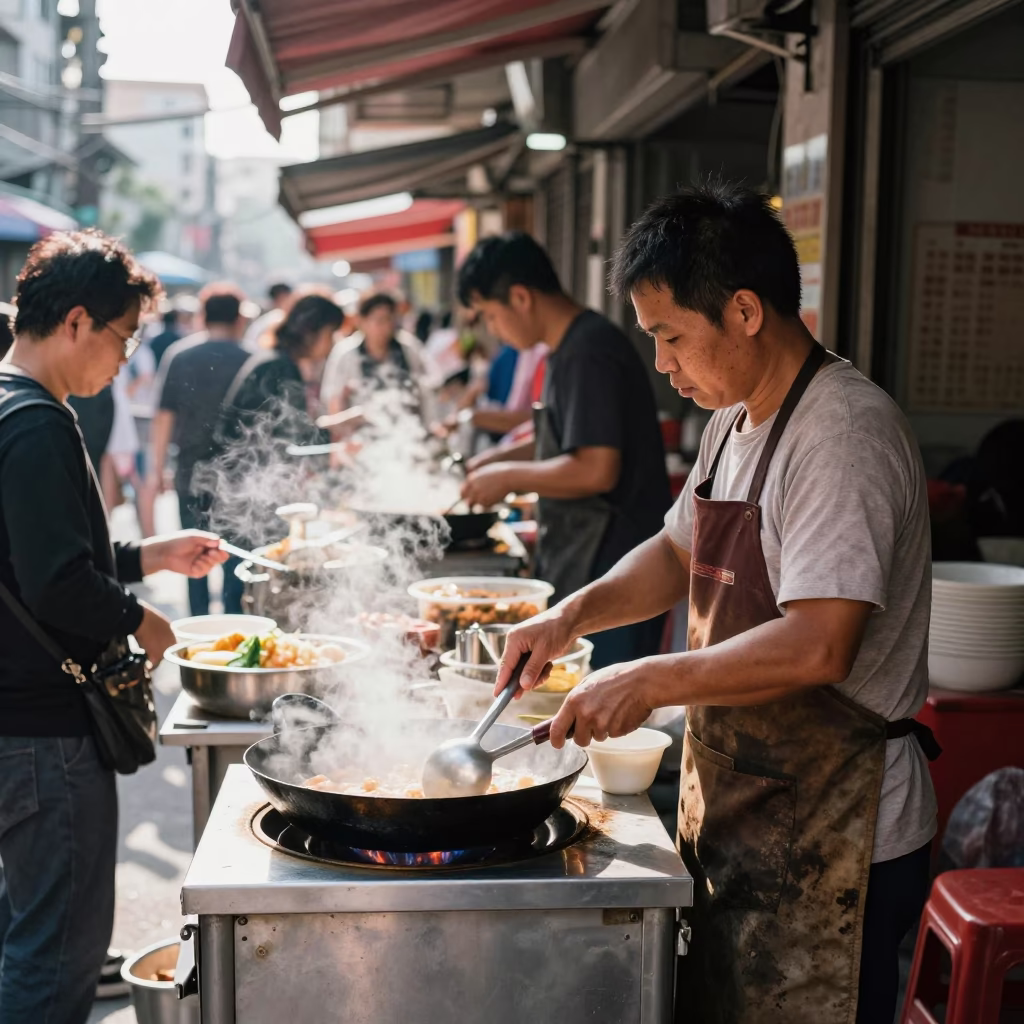 Busy Kaohsiung Street Stall Vendor Preparing Food Under Flat Noon Light in in Kaohsiung, Taiwan