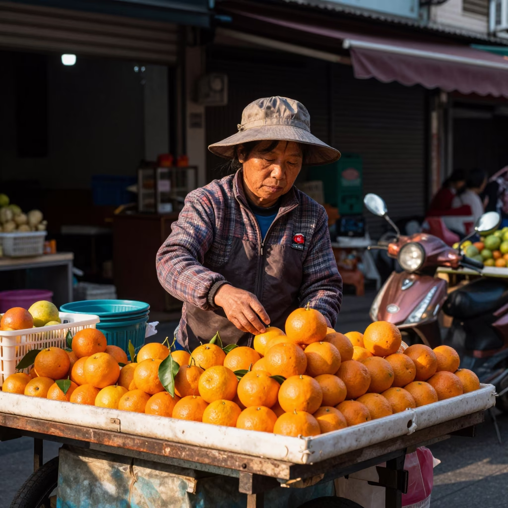 Busy Kaohsiung Street Stall Vendor Selling Fresh Fruit After Sunrise in in Kaohsiung, Taiwan