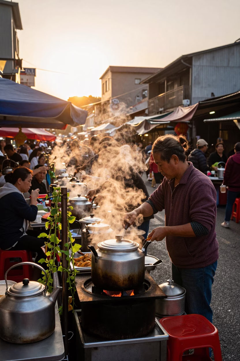 Busy Kaohsiung Street Vendor Cooking at Golden Hour with Vine and Kettle in in Kaohsiung, Taiwan