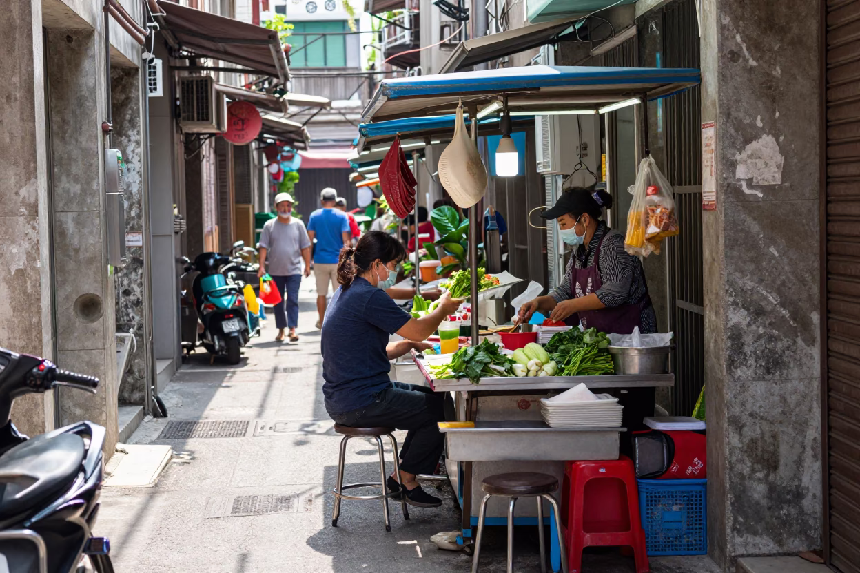 Busy Kaohsiung street vendor midday stall with bar stools and coffee tin in in Kaohsiung, Taiwan