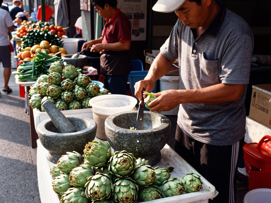 Busy Kaohsiung street vendor preparing fresh artichokes and mortar in early afternoon sunlight in in Kaohsiung, Taiwan