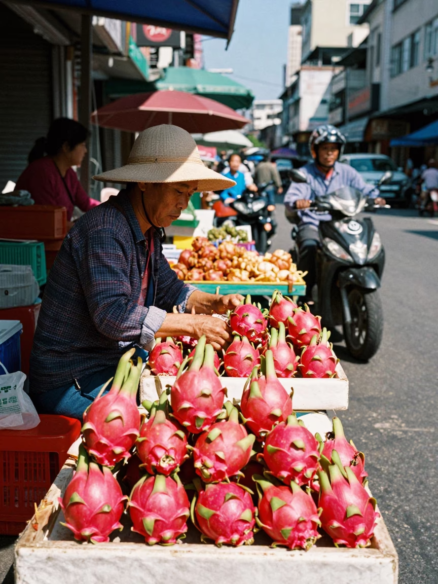 Busy Kaohsiung street vendor selling fresh dragon fruit under bright midmorning light in Taiwan in in Kaohsiung, Taiwan