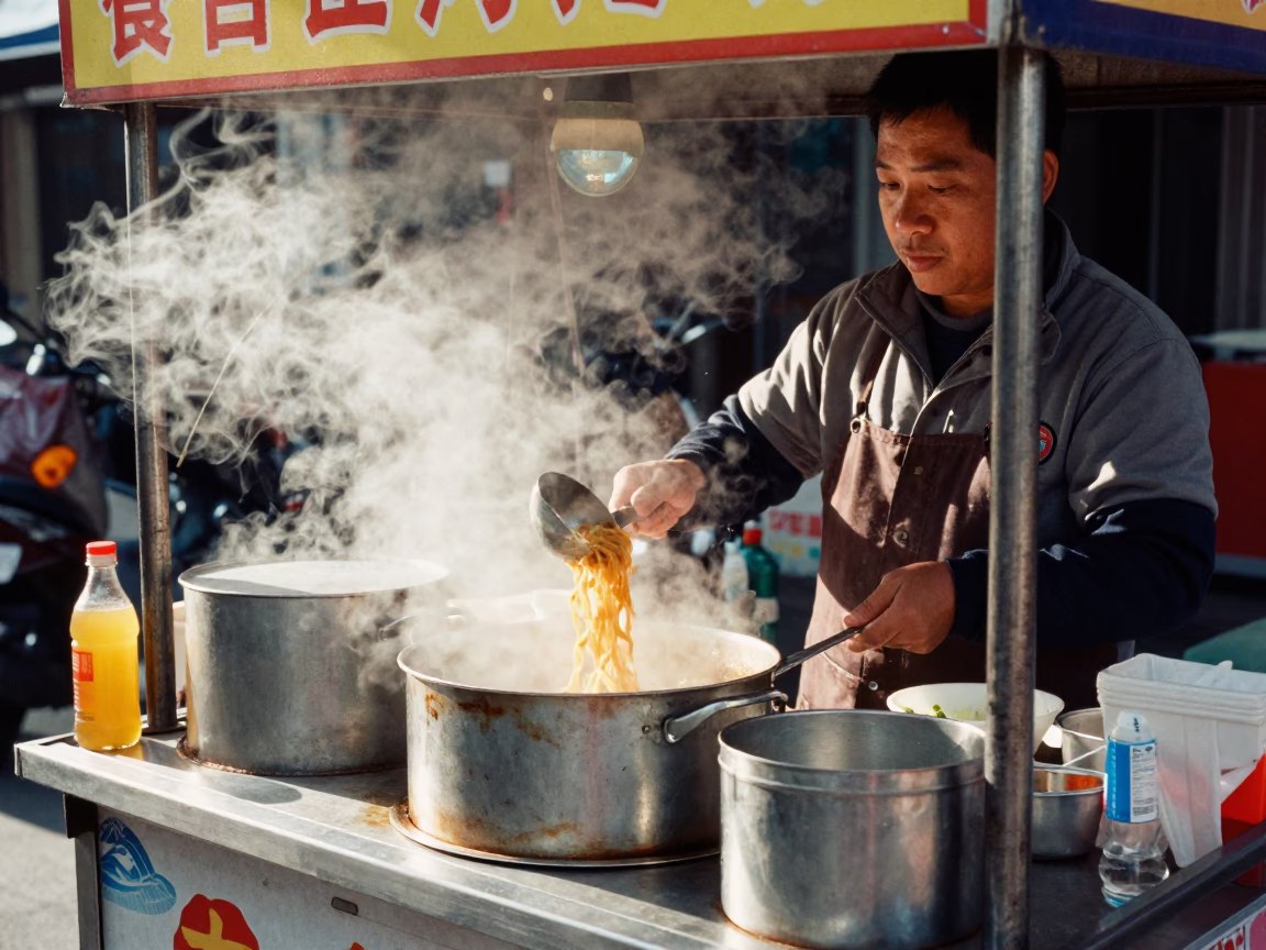 Busy Kaohsiung Street Vendor Serving Hot Food with Metal Spoon Under Noon Sun in in Kaohsiung, Taiwan