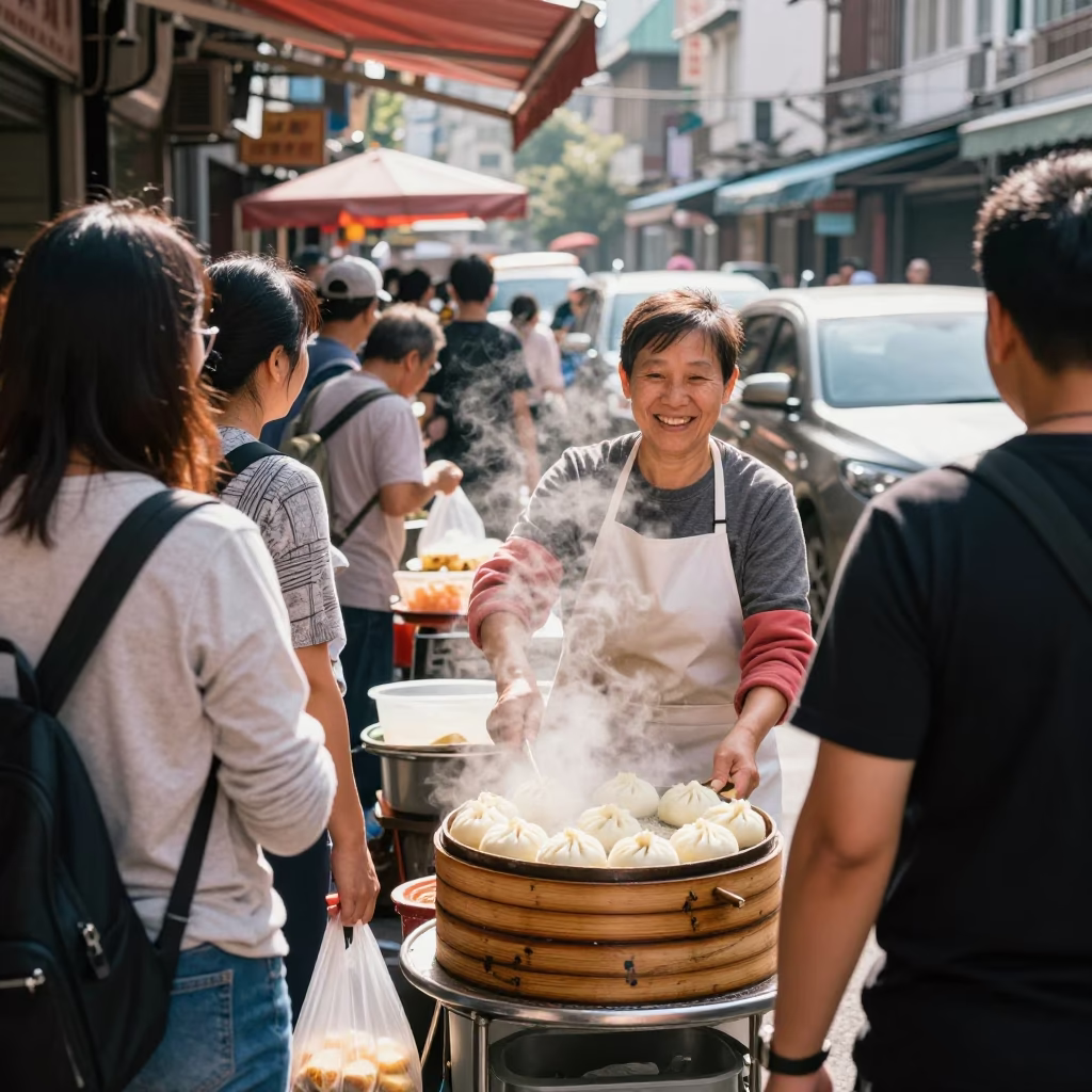 Busy Kaohsiung Street Vendor Serving Steamed Buns in Bright Midmorning Light in in Kaohsiung, Taiwan
