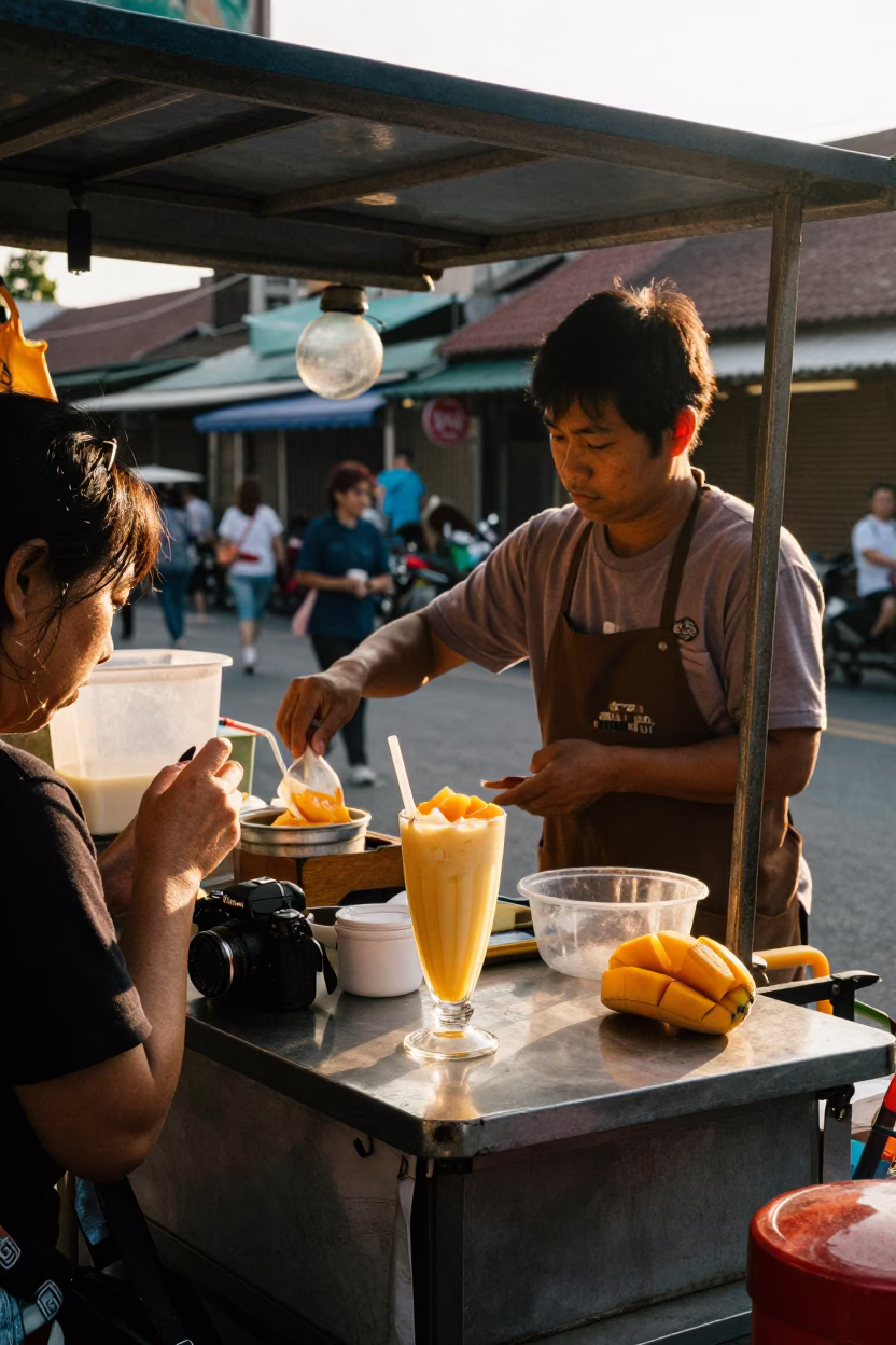 Busy Kaohsiung street vendor stall with mango lassi and tea canister in late afternoon in in Kaohsiung, Taiwan