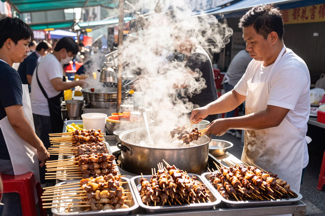 Busy Kaohsiung street vendor stall with satay skewers and condensation at midday in in Kaohsiung, Taiwan