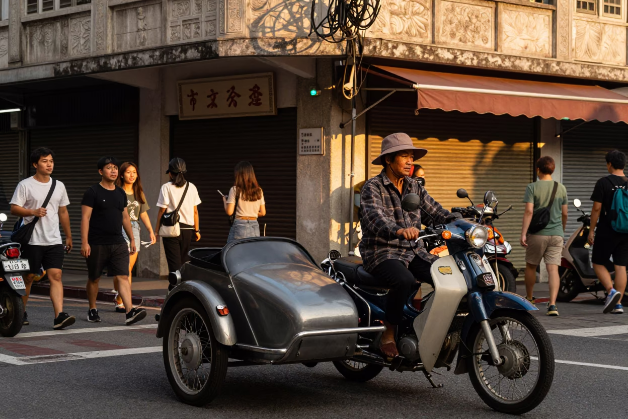 Busy Kaohsiung Street Vendor with Vintage Motorcycle Sidecar in Evening Light in in Kaohsiung, Taiwan