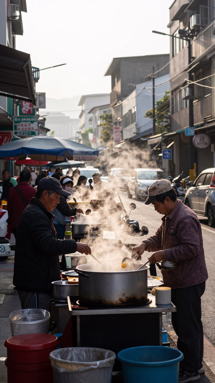 Busy Kaohsiung Taiwan Early Morning Street Scene with Local Vendor and Customers in in Kaohsiung, Taiwan